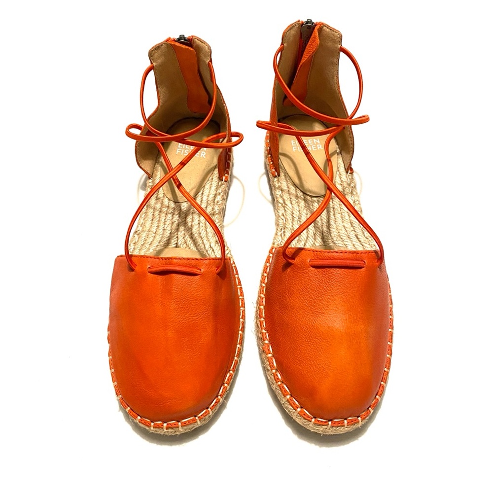 Eileen Fisher Leather Espadrille Flats Orange Crisscross Straps Size 7.5